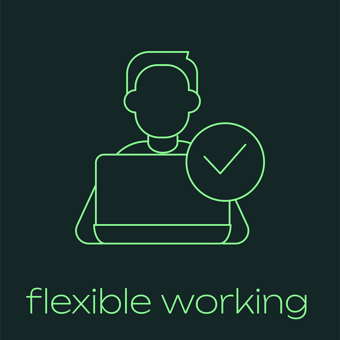 Symbol eines Mitarbeiters mit Laptop und Haken: Steht für flexible Arbeitszeit- und Arbeitsortgestaltung.